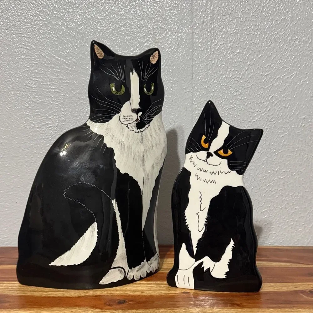 Ceramic Black White Tuxedo Cat Flower Vase by Cats By Nina Lyman Artist Decor